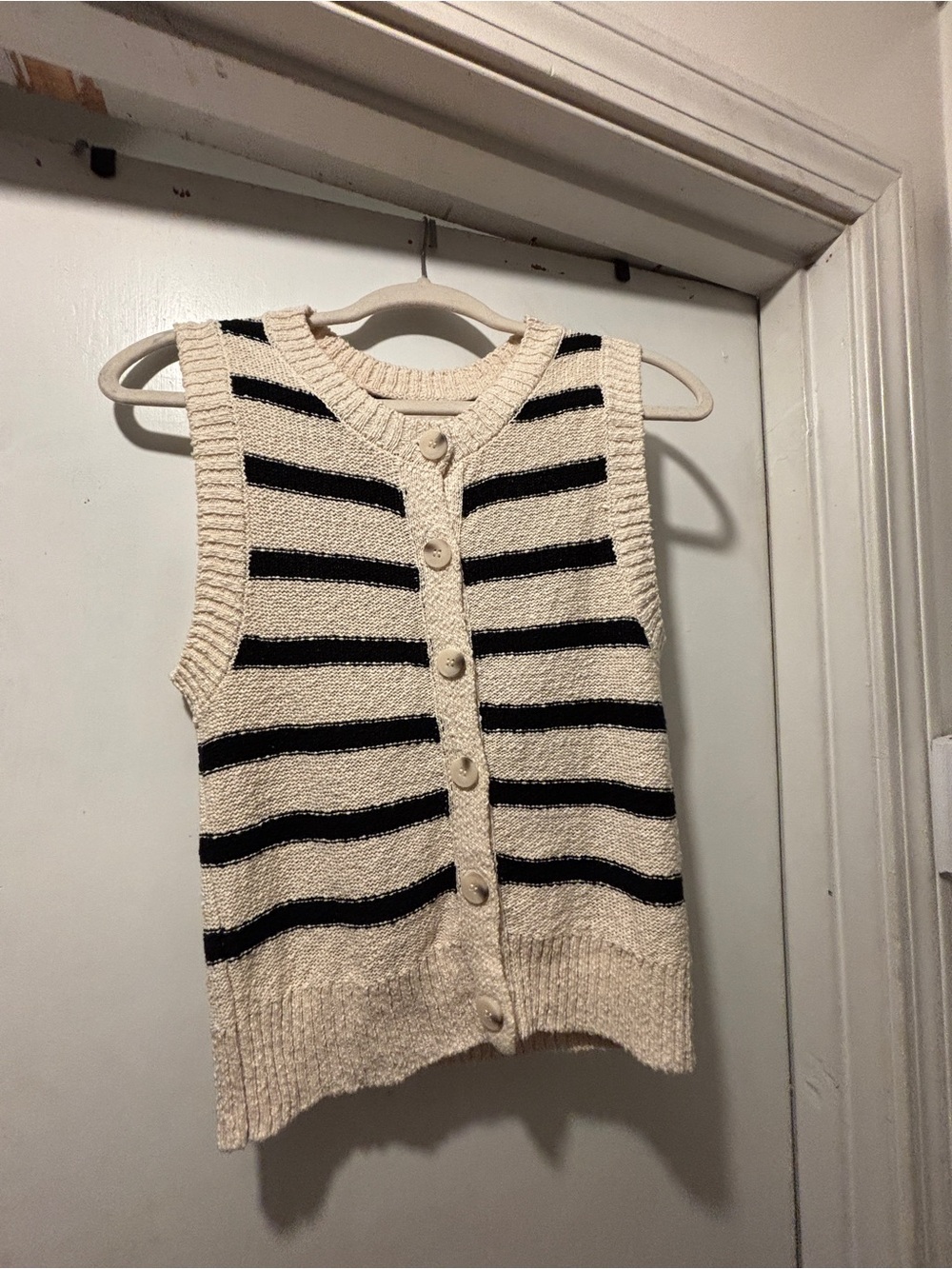 Cream & Black Striped Knit Button-Front Vest